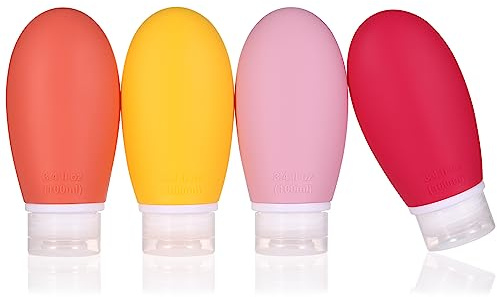 Läckagesäkra reseflaskor i silikon, 4-pack 96 ml vätska klämbara påfyllningsbara bärbara tillbehör/kosmetiska behållare, BPA-fri, resestorleksflaskor för toalettartiklar schampo balsam lotion