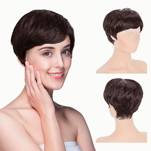 EUPSIIU Parrucca Corta per Capelli Umani, Pixie Dritto Taglio Naturale per Donna, Capelli Veri Corti, Quotidiano Cosplay (Marrone)