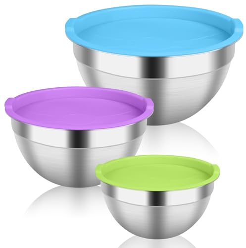 Lot de 3 saladiers gigognes ronds en acier inoxydable avec couvercles hermétiques pour la cuisson, la cuisine, la préparation et le stockage des aliments