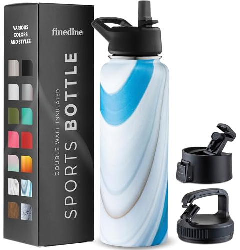 GARUET 1180ml Triple Walled, Insulated Water Bottles with Straw - Stainless Steel Metal Bottle W/ 3 Leak Proof Lids - For Travel, School, Sports, Gym/Men, Women (Exquisite Blue Marble)