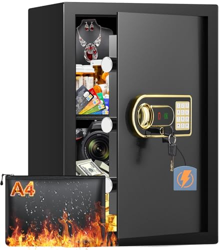 Mejasg 65L Safe Tresor Feuerfest mit Feuerfester Wasserdichter Dokumententasche, Möbeltresor mit Herausnehmbares Regal&Externes Batteriefach, Digitaler Tresor für Zuhause Bargeld Schmuck A4 Dokumente