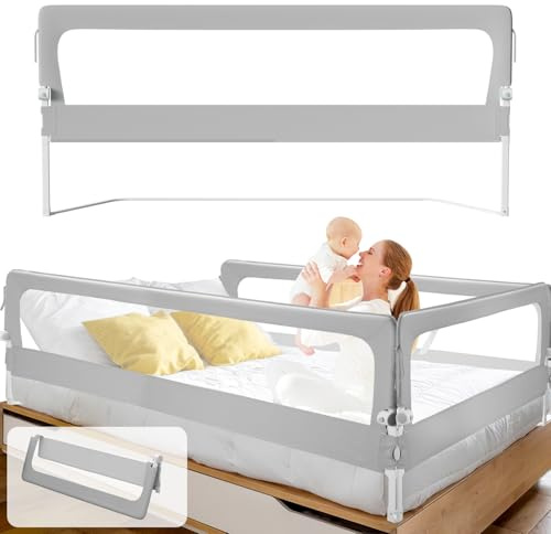 ISOISL 2 Sänggaller, 200 + 150 cm, sängskydd, barnsängsskydd för barn, fallskydd, resårsäng vikbar, nagelfri, montering, luftigt fallskydd för småbarn baby, grå