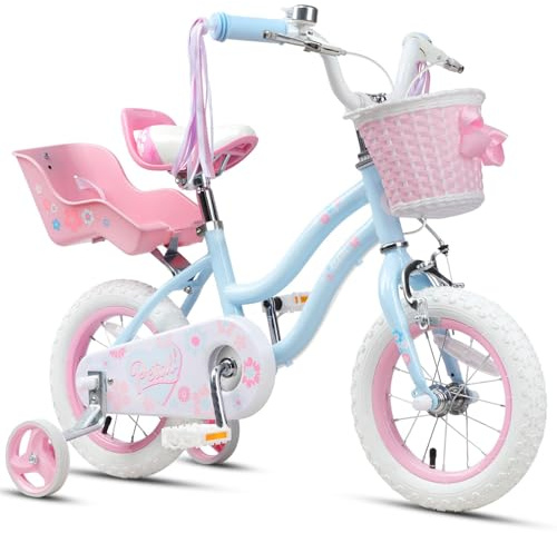 Glerc Vélo pour Enfants 12 Pouces pour Filles de 2 à 4 Ans, Style Princesse avec Glands de Guidon & Panier & Roues Stabilisatrices, Bleu