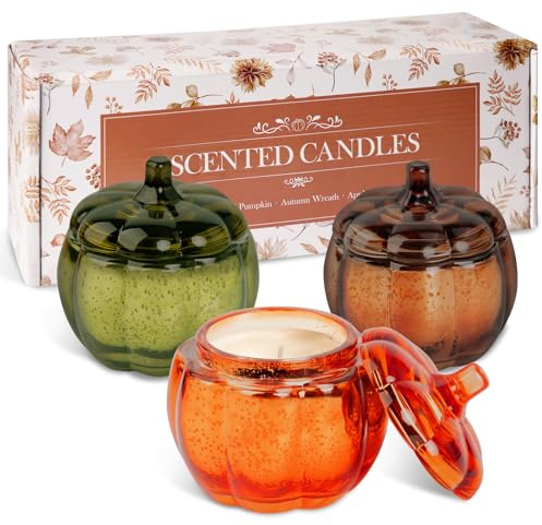 Lanpn 3 Velas Aromáticas de Otoño, Vela Perfumadas en Vidrio, Fall Scented Candle Set, Calabaza Candles, Cera de Soja Caja de Regalo para Mamá Mujeres, Velas Decorativas para Inicio Jardín Terraza