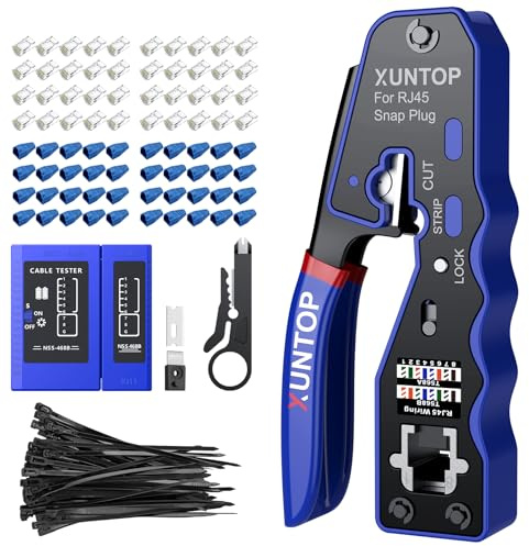 XUNTOP RJ45 Crimp Tool Kit, Ethernet Crimping Tool for Cat5/Cat5e/Cat6/Cat6a/Cat7 Cables with Wire Tester, 50 Gold-Plated RJ45 Pass Through Connectors, 50 Protective Boots & Mini Stripper for Fast