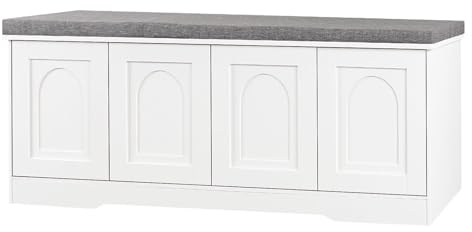 DINZI LVJ Shoe Bench, Entryway Storage Bench with Doors, Cushion, 2-Tier Shoe Rack with 8-Cubby, 47.2”L x 13.8”W Shoe Organizer Cabinet, Adjustable Shelf, Living Room, Bedroom, White