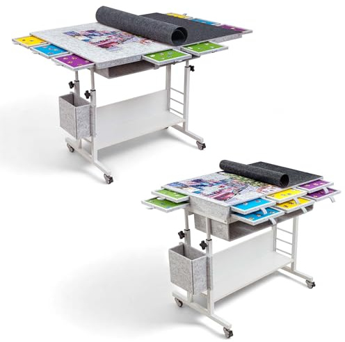 Tektalk 2000 Piece Foldable Felt Jigsaw Puzzle Table with Height Adjustment, Puzzle Board for Adults with 2 Cover & 8 Sorting Trays/Drawers, Easel with Legs, Enclosed with 4 Roller Wheels - Light Gray