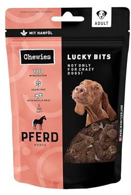 Chewies Lucky Bits Pferd Adult Hundeleckerli - Hunde-Leckerlis getreidefrei & Soft mit viel Protein und Superfoods wie Bierhefe oder Ginkgo, ohne Zucker (80 g)