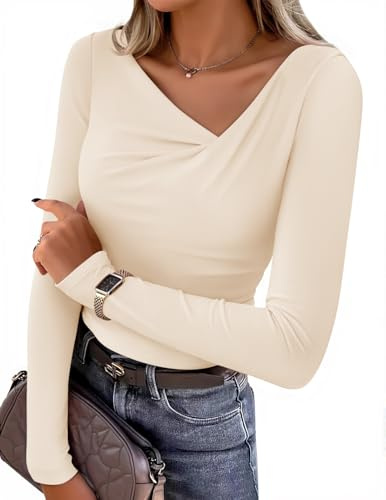 ZESICA Women's Long Sleeve Asymmetrical Neck Ruched Slim Fit Shirts 2026 Fall Fashion Business Casual Tops, Apricot, S