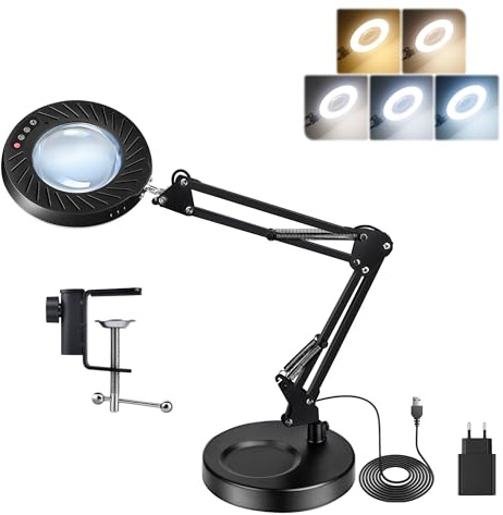12X Lente Ingrandimento con Luce da Tavolo, 2A Adattatore incluso, 5 Modalità Colore 9 Luminosità, Lente da Tavolo con Luce per Lavori di Precisione Ricamo Modellismo Unghie, Base Stabile, 1PC