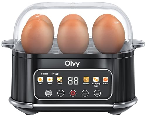 Olvy automatischer Eierkocher 6 Eier – Profi 6-in-1 Eierkocher mit LCD-Timer und Dampfgarer – ideal für Camping, mit automatischer Abschaltung und spülmaschinenfesten Teilen