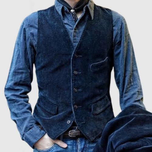 Gilet da uomo in velluto a coste senza maniche, con bottoni, stile vintage britannico, slim fit, giacca casual per primavera e inverno (L blu)