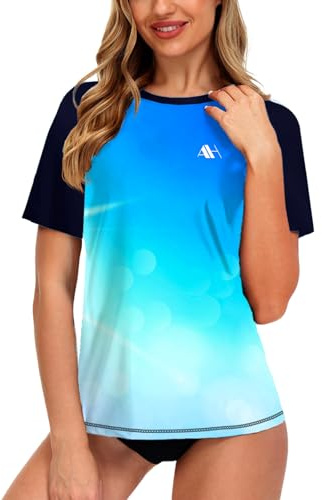 Womens Short Sleeve Rash Guard Gradient Swim Top UV Swimwear Gym Tops Rash Vest Gradient Blue XL