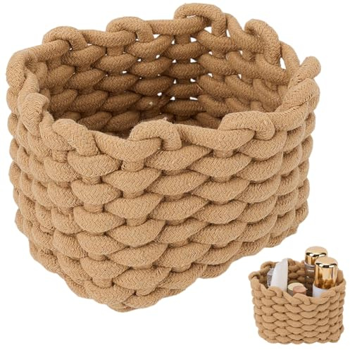 CREATCABIN Cestas Pequeñas Tejidas Cestas de Cuerda de Algodón para Organización Cesta Cuadrada Estilo Boho Camel Mini Cestas Pequeñas para Guardería Cosméticos Sala de Estar Estantes Baño 18x13x15cm