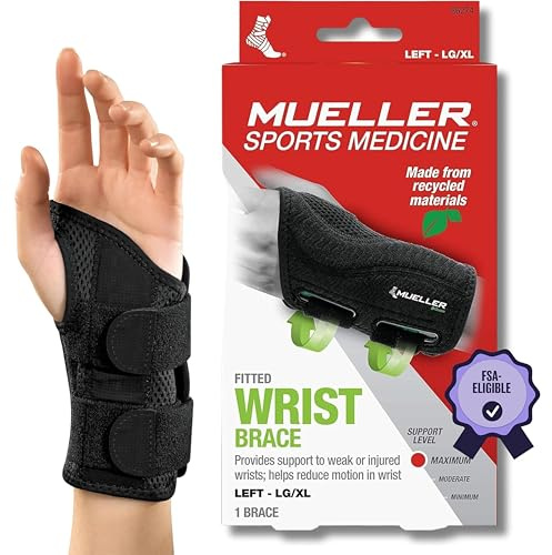Mueller Greenline Fitted Wrist Brace, bandage pour poignet, noir, taille L/XL gauche