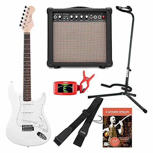 Rocktile Sphere Classic White E-Gitarre Set (E-Gitarre in ST-Design mit 3 Tonabnehmer und Tremolo, inklusive Verstärker, Ständer, Stimmgerät, Gurt und Gitarrenkabel) Weiß