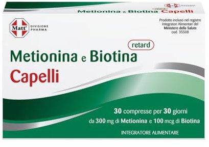 Matt, Metionina e Biotina Retard Capelli, Integratore Alimentare a Rilascio Prolungato, Integratore Capelli e Ughie, Confezione con 30 Compresse, 30.6 g
