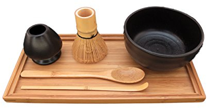 BambooMN Marke – Matcha-Schüssel-Set (inklusive Schüssel, Ablage, Teebesen, Chasaku, Teelöffel und Tablett), 1 Set, Schwarz