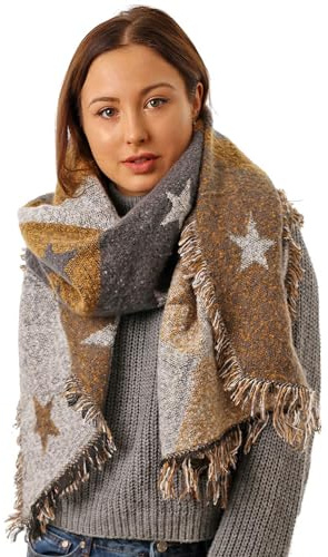 Style Slice Grey Yellow Star Blanket Scarf for Women, Winter Wrap
