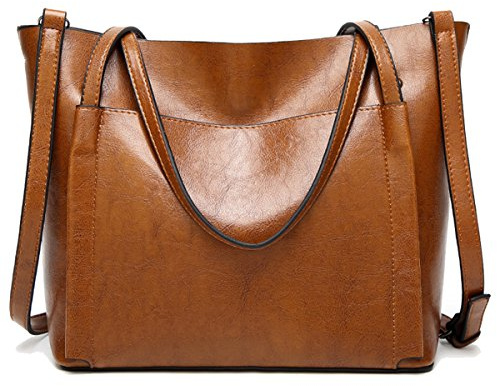 Coolives Damen Groß Shopper Tasche aus PU-Leder mit Schulterriemen Schultertasche Umhängetasche Eimer Handtasche für Frauen Braun EINWEG