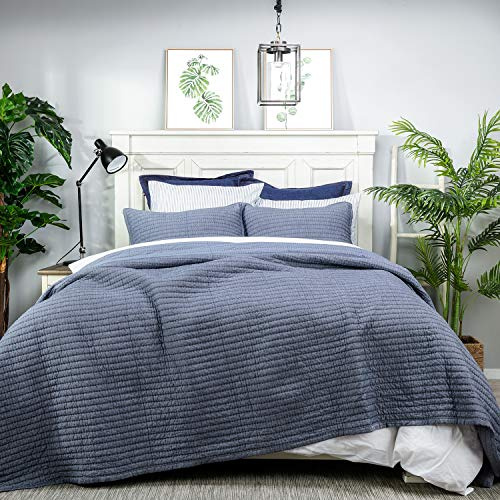 ELEGANT LIFE HOME Cotton Yarn Dyed Chambray Collection Cotton Fill - Lightweight Channel Stitch Bedding Quilt, Twin Blue Color, 68” x 90”