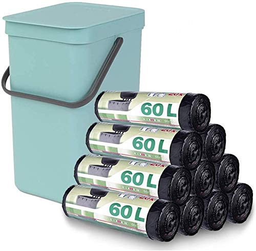 STARVAST 10 Rouleaux de 20 Sacs Poubelle 60L, Poignées Coulissantes, Sacs Poubelle Résistants pour Poubelles Hautes, Cuisine Salon, Ultra Résistant, Anti-Fuites, 64 x 71CM- Noir