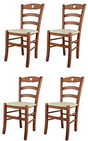 Tommychairs - 4er Set Stühle CUORE für Küche und Esszimmer, Robuste Struktur aus lackiertem Buchenholz im Farbton Kirschholz und gepolsterte Sitzfläche mit Kunstleder in der Farbe Elfenbein bezogen