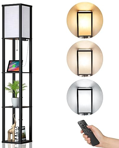 Alampia Lampada Salotto da Terra Dimmerabile con Telecomando, da Pavimento, in Legno, con Scaffale, Lampada a Stelo 162cm, 2 Porte di Ricarica USB, Piantana per Camera Da Letto e Soggiorno