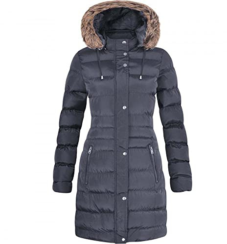 Spindle Womens Long Fur Trimmed Hooded Padded Puffer Parka Ladies Winter Jacket Coat Blue 14