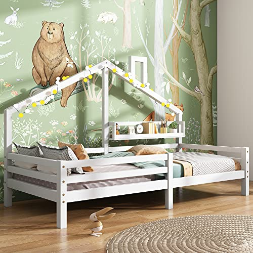 SOFTWEARY Kinderbett mit Lattenrost, Regal und Rausfallschutz, Holzbett aus Kiefer, Hausbett, Einzelbett, Jugendbett (weiß, 90 x 200 cm)
