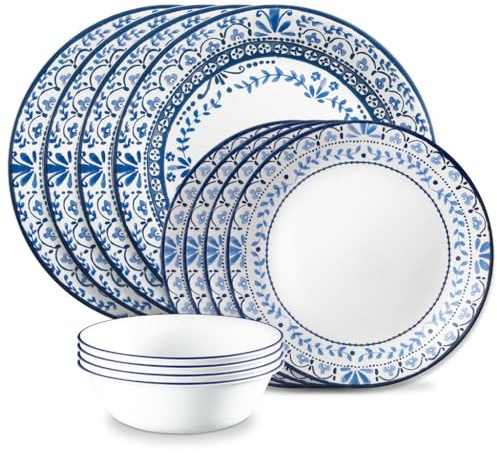 Corelle Vitrelle Glass Dinnerware Set, Chip & Crack Resistant Triple Layer Glass, 12-PC Dinnerware Set, Portofino