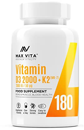 Vitamin D3 2000 IU K2 (MK-7) 100mcg - High Strength Vegetarian 180 Tablets - D3 K2 Cholecalciferol & Menaquinone from Natto - Bones Muscle Teeth Immune System Support - UK Made Non GMO