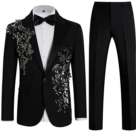 Mens Suits Slim Fit 2 Piece Floral Tuxedo Suits Blazer Pants with Bow Tie for Wedding Prom