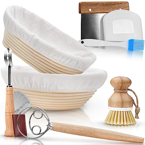 Paulson & Svenson - 2 Stück Gärkörbchen oval im Komplett-Set zum Brotbacken - 100% natürlichem Rattan - Inkl. Schneebesen, Teigschaber, Leinentuch, Pinsel & Bäckermesser - Gärkorb für Brot Backen