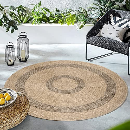 HomebyHome In & Outdoor Teppich Wetterfest Rund 160 cm Schwarz, Sisal und Jute Optik - Wasserfest für Balkon, Küche, Camping, Garten, Terrasse - Waschbare Bordüre Design