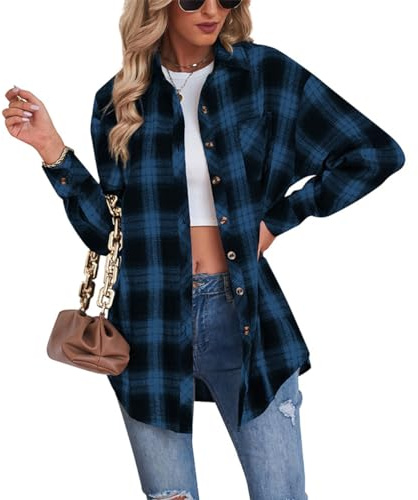 Malarocoby Women's Plaid Shirt Checked Oversized Blouse Long Sleeve Shirt Elegant Shirt Tops Blue