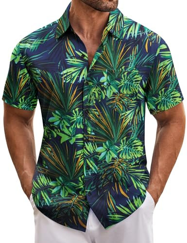 COOFANDY Hawaii Hemd Männer Kurzarm Sommer Herren Hemden Casual Palmblätter Hawaii Kostüm Blumenmuster Button Down Hawaiihemd mit Tasche PAT8 XL
