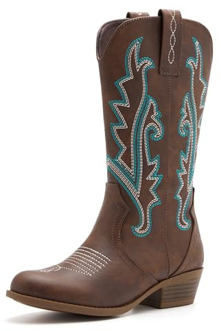 vodvob Kids Western Boots Embroidered Cowgirl Cowboy Boots Boys Girls Mid Calf Round Toe Riding Shoes Little Kid/Big Kid