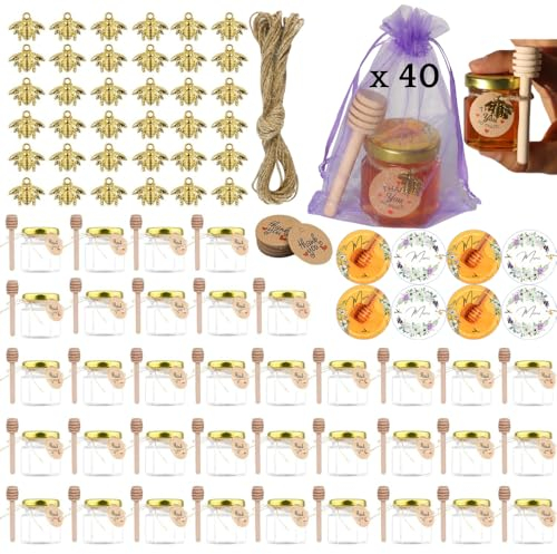 Petits Pots, Mini Pots de Miel en verre (Pack de 40) Étiquettes en français et cartes personnalisables, Cuillères en Bois... Parfait Cadeau pour invités de Mariage, Baptême, Anniversaire, Baby Shower