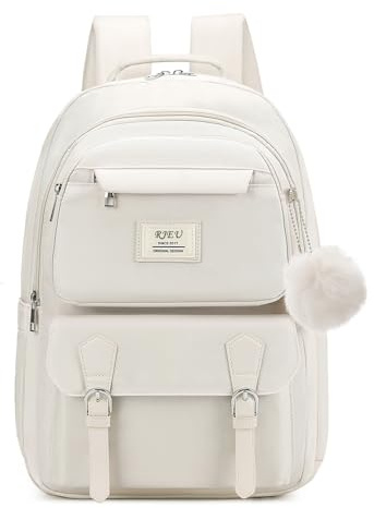 RJEU Skolryggsäck för tonårsflickor, estetisk bokväska med laptopfack för skolestudenter, Beige, Fits 15.6in PC, Lätt
