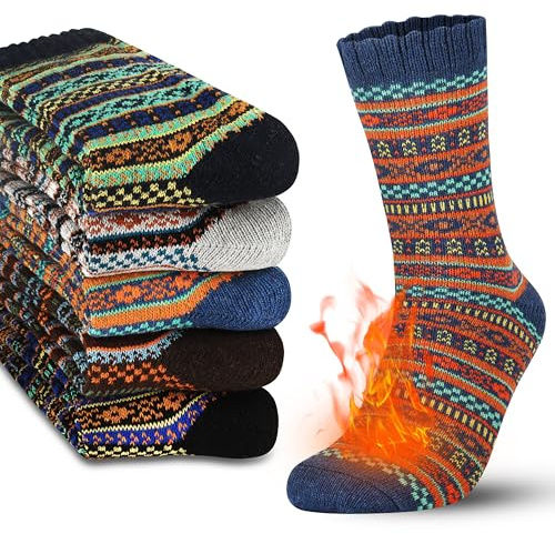 Jeasona Men's Thermal Socks - 5 Pairs, Warm & Thick, Wool, Black, Grey & Multicolor, Sizes 39-42 & 43-46