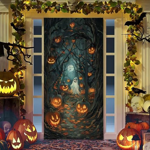 Hiseng Decorazioni Copertura di Halloween, Porta di Halloween Copriporta Banner di Copertura per Front Door Esterni Muro Finestra Feste di Vigilia di Halloween (Foresta,90x200cm)