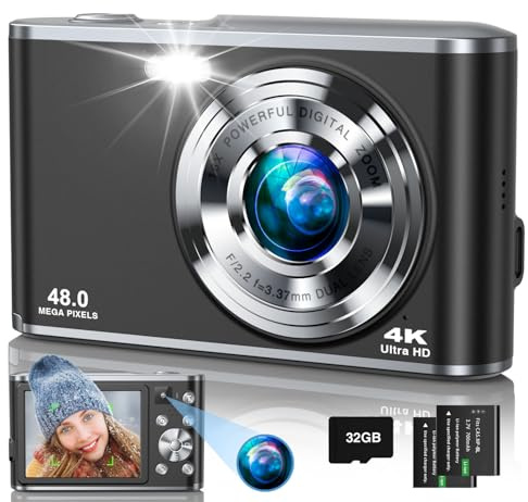 4K Digital Camera, 48MP Autofocus Camera Selfie with Front and Rear Dual Lenses, 32GB Card, 2 Batteries, 16X Digital Zoom, Compact Travel Vlogging Video Camera Gift for Kid Teen Beginner(Black)