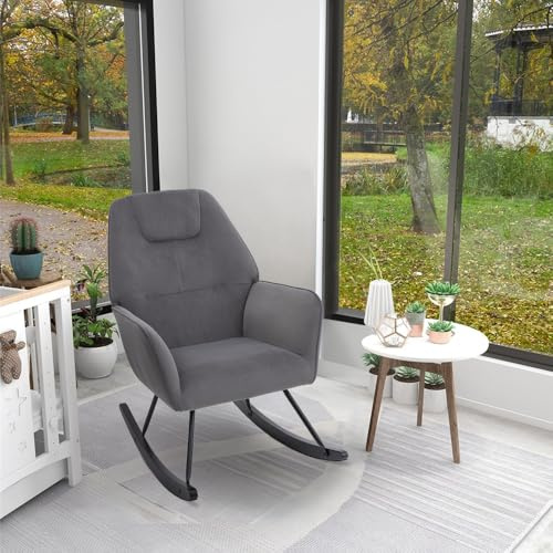 Warmiehomy Armchair Modern Nursing Relaxing Reading Rocking Chair with Back Comfy Velvet Occasional Tub Chair for Living Room Bedroom Office, Grey