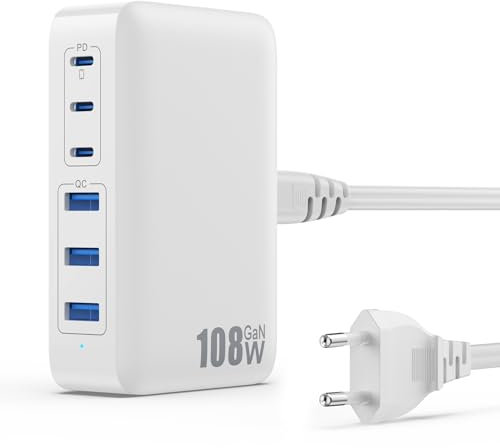 108W Cargador USB C Multiple, GAN III 6-Port USB C Cargador Portátil, PD 3.0+QC Carga Rápida Phone Adaptador con 3 Tipo C y 3 USB-A Estación de Carga para iPhone 16/15 Sumsung Airpod iPad Switch etc