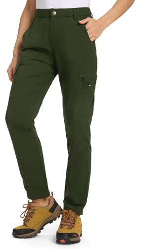 donhobo Damen Wanderhose Cargohose Leichter Trekkinghose Wasserdicht Schnelltrocken Stretch Outdoorhose UV-Schutz Jogging Freizeit Reise Funktionshose mit 6 Taschen (Armeegrün, M)