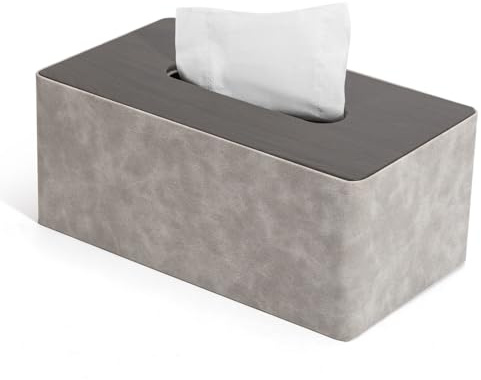 LARENNT PU Leather Tissue Box, 25 x 14 x 10 cm Square Cosmetic Tissues Box, Tissue Box Dispenser TissueBox Tissue Box for Home, Bathroom, Living Room, Bedroom, Car, Office (Grey & Wood Grain)