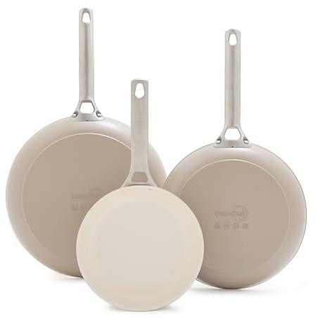 GreenPan Reserve - Set di 3 padelle in ceramica anodizzata dura, antiaderente, senza PFOA e PFA, manici in acciaio inox, lavabili in lavastoviglie, utilizzabili in forno, argilla