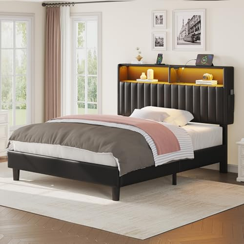 Seventable Bett 140x200 mit Ladestation, Metallbett mit Gepolstertem Kopfteil & LED, Bettgestell mit Zweischichtige Ablage, geräuscharm & einfache Montage, perfekt für Schlafzimmer (schwarz)