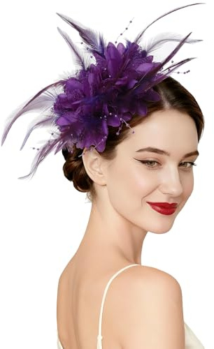 AQOKKA Women Fascinators Hats Flower Fascinators with Headband and Clip Tea Party Headwear for Women and Girls Purple